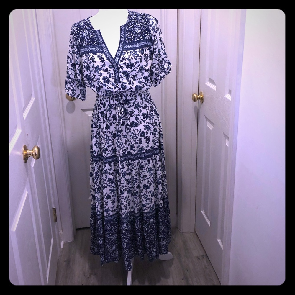 Print Split-Neck Tiered Maxi Dress